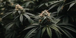 Gros plan détaillé d'une tête de cannabis mature et givrée.