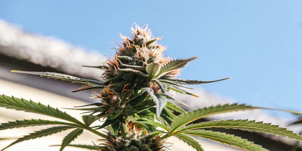 Fleur de cannabis Berry Zkittlez en extérieur sous la lumière naturelle.