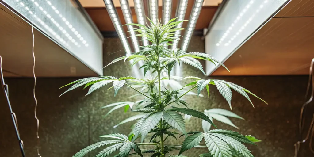 plant de cannabis Big Bud sous lumières LED dans un environnement de culture contrôlé