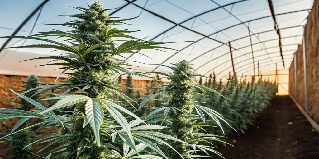Plantes de cannabis Big Bud cultivées dans une serre avec des bourgeons denses.