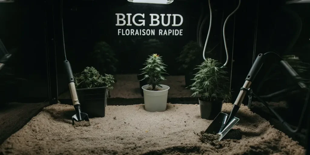 Plantes de cannabis Big Bud en pots sous lumière artificielle pour une floraison rapide