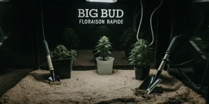 Plantes de cannabis Big Bud en pots sous lumière artificielle pour une floraison rapide