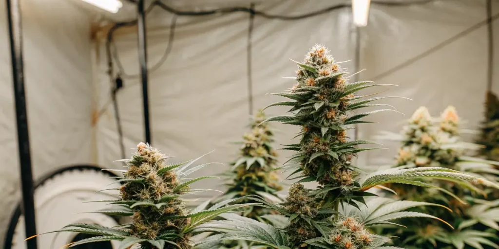 Cannabis plants with large buds growing under indoor LED grow lights.