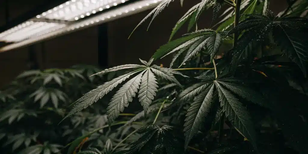 Feuille de cannabis verte sous éclairage LED en culture intérieure.