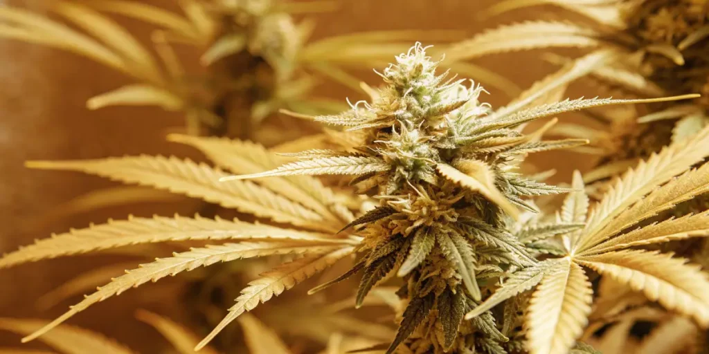 gros plan de bourgeons de cannabis en floraison sous lumière jaune