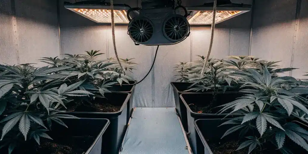 cannabis plants in grow tent with LED lights and ventilation system