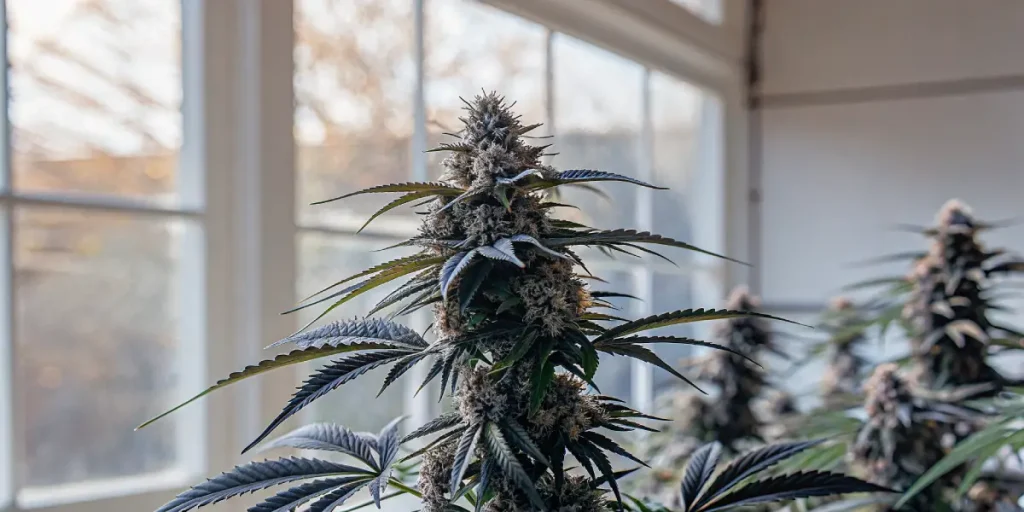 Plante de cannabis en intérieur avec fleurs résineuses denses.