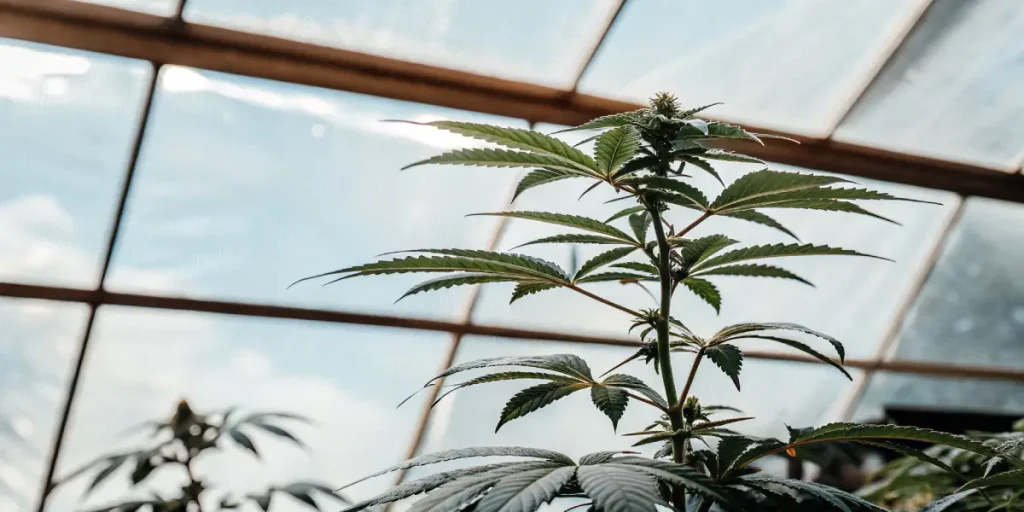 Plante de cannabis en floraison dans une serre lumineuse.
