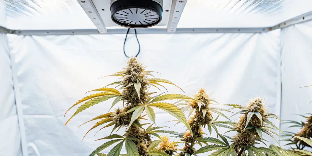 cannabis en floraison dans une tente blanche avec système de ventilation LED