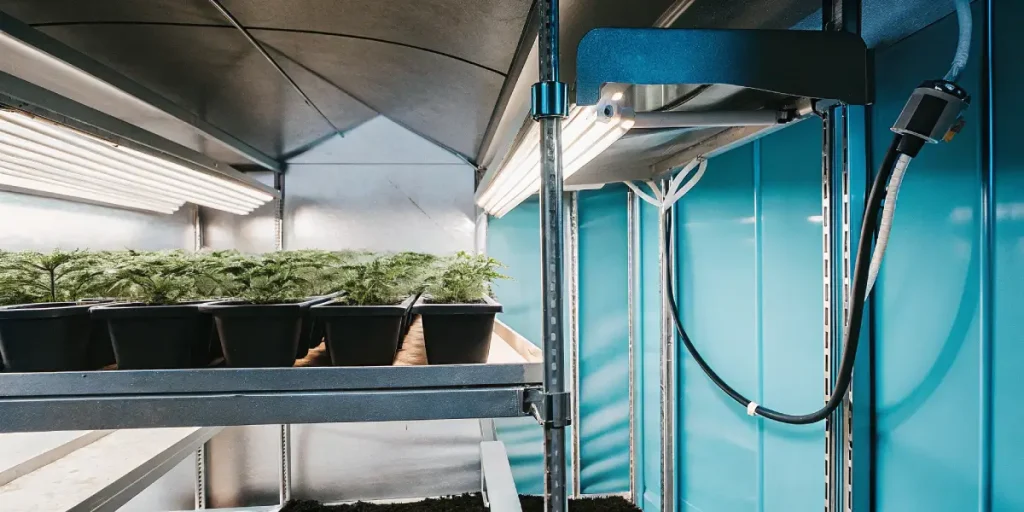 Cannabis seedlings growing in pots under strong LED grow lights inside a cultivation tent.