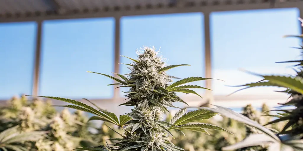 Plante de cannabis en floraison avec pistils blancs sous serre.