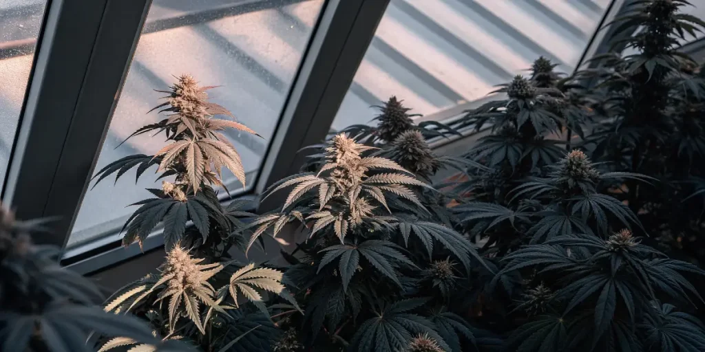 Plantes de cannabis en floraison mature sous serre vitrée.
