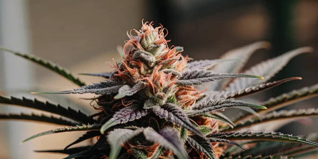 Close-up of a purple cannabis bud covered in trichomes and orange hairs.
