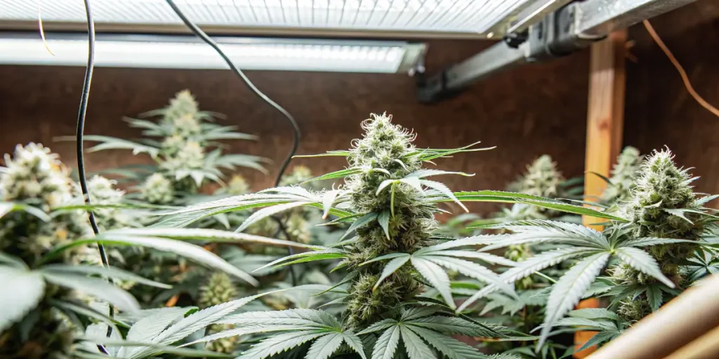Plante de cannabis Big Bud cultivée en intérieur sous lampes LED.