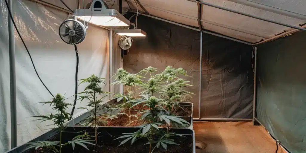 Salle de culture intérieure de cannabis avec plantes en croissance dans des bacs de terre.