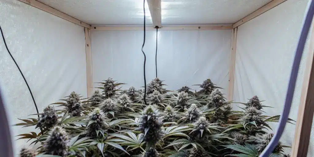 Dense cannabis plants growing inside a white grow box with lighting.