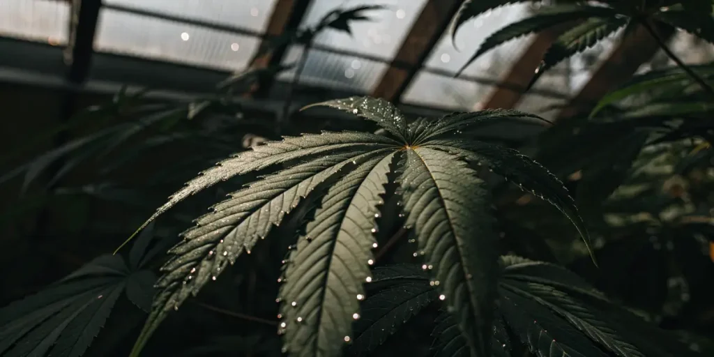 Feuille de cannabis verte couverte de gouttes d’eau sous la lumière d’une serre.