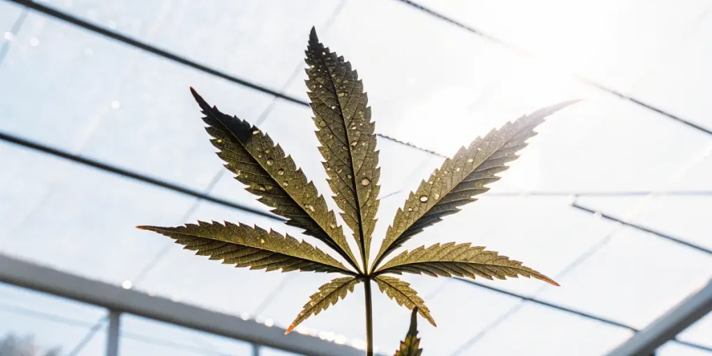Feuille de cannabis illuminée par le soleil dans une serre vitrée.