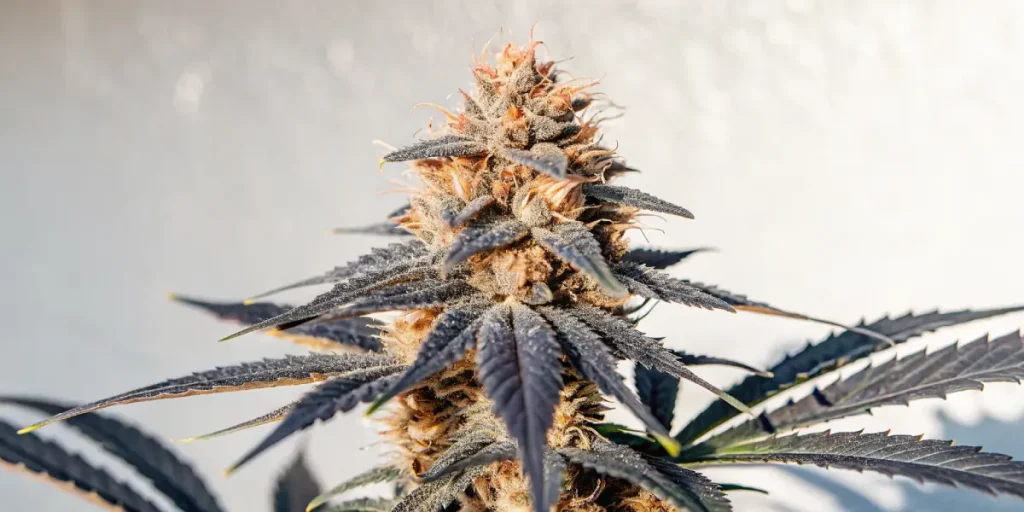 gros plan d’un bourgeon de cannabis violet couvert de trichomes brillants