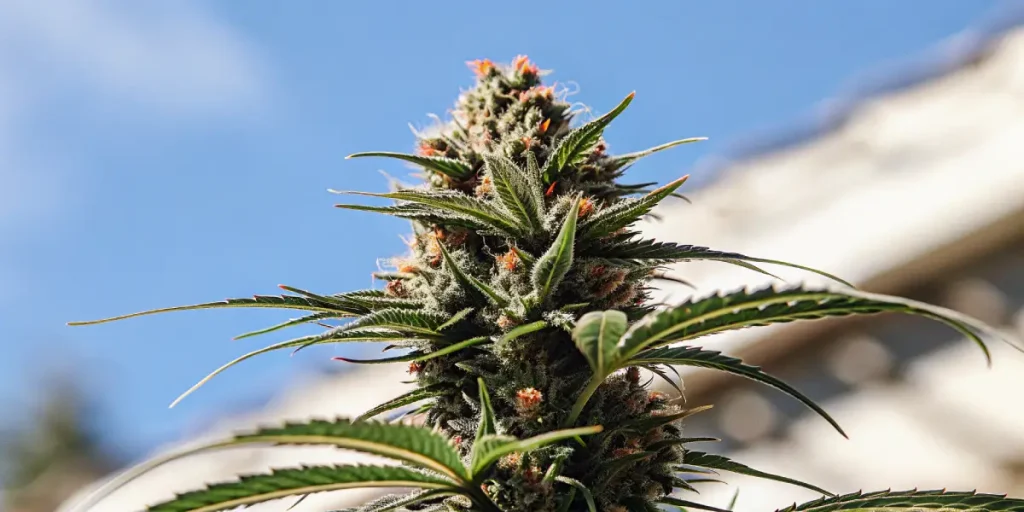 gros plan d’une fleur de cannabis avec pistils rouges en extérieur