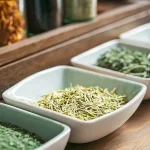 Bols remplis d’herbes médicinales séchées sur une table en bois.