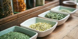 Bols remplis d’herbes médicinales séchées sur une table en bois.