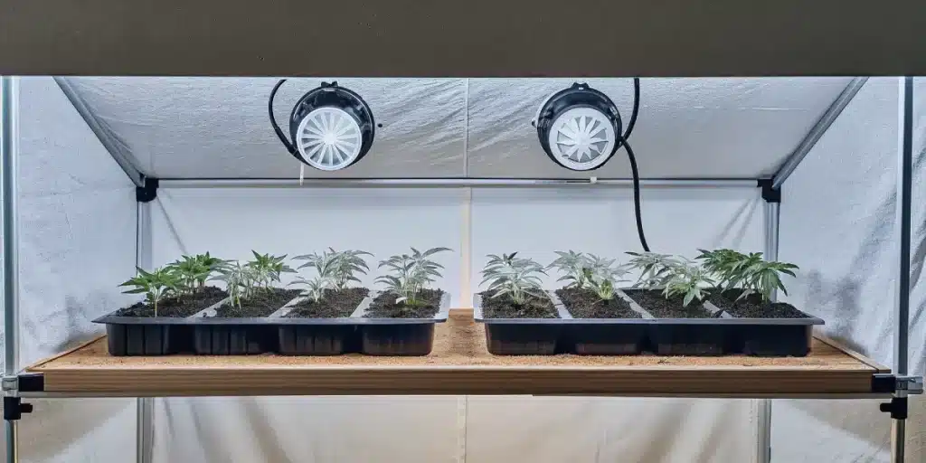 Jeunes plants de cannabis en plateau dans une installation de culture intérieure avec éclairage LED.