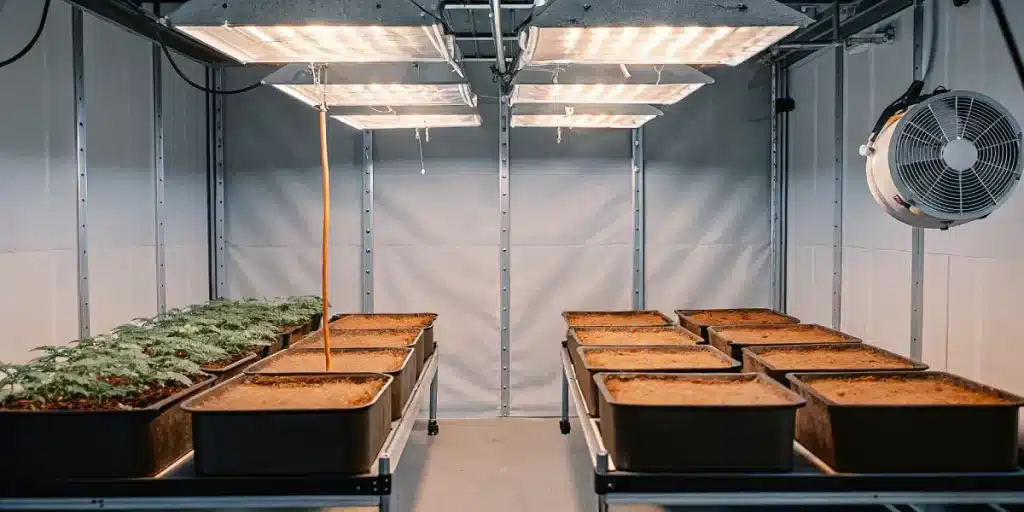 Indoor cannabis grow room with LED lights, empty pots, and early-stage seedlings.