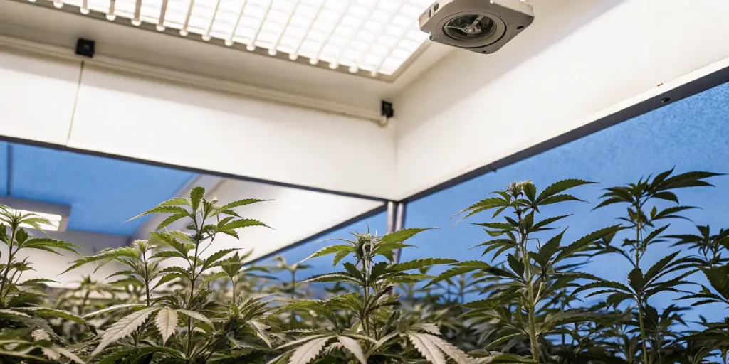 culture intérieure de cannabis avec de grandes plantes vertes sous lampes LED dans une pièce bleue