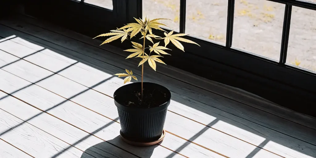 Jeune plante de cannabis en pot noir près d'une fenêtre ensoleillée.