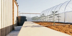 jeunes plants de cannabis poussant dans une serre extérieure moderne avec sol préparé