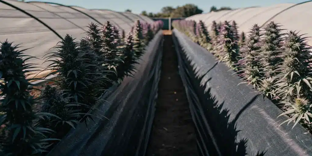 plantation de cannabis en extérieur sous serre avec plantes en floraison aux tons violets et verts