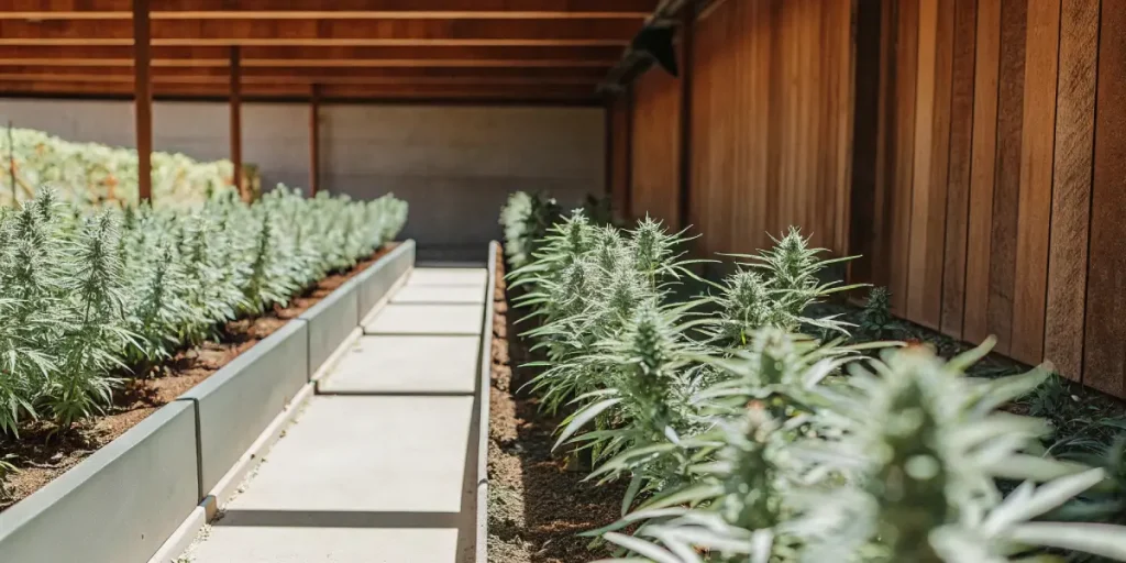 outdoor cannabis garden with rows of mature plants in natural sunlight