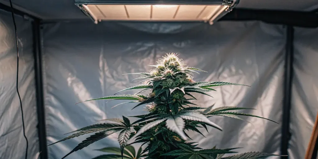 Gros plan d’une plante de cannabis Big Bud sous lampe de culture en intérieur
