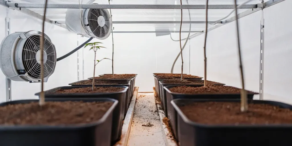 pots de culture de cannabis vides avec système de ventilation en arrière-plan