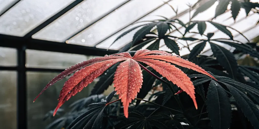 Feuille de cannabis rouge couverte de gouttes de rosée dans une serre.
