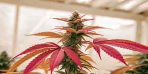 Close-up of a cannabis plant with striking red leaves and dense buds in an indoor grow room.