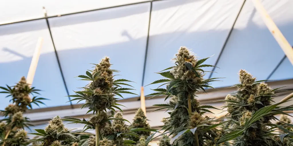 serre de cannabis Big Bud en floraison avec plusieurs têtes résineuses