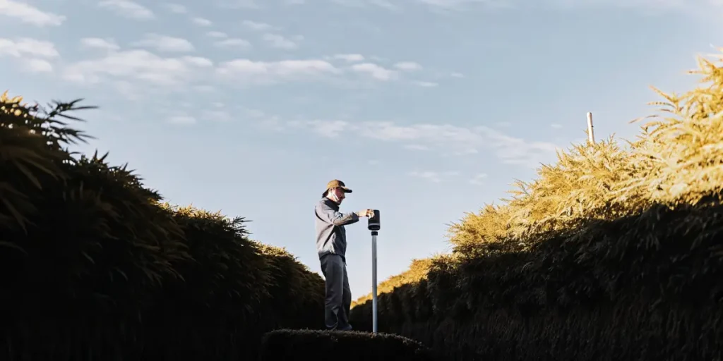 Scène hyperréaliste d’un agriculteur utilisant un appareil technologique pour vérifier un champ de cannabis.