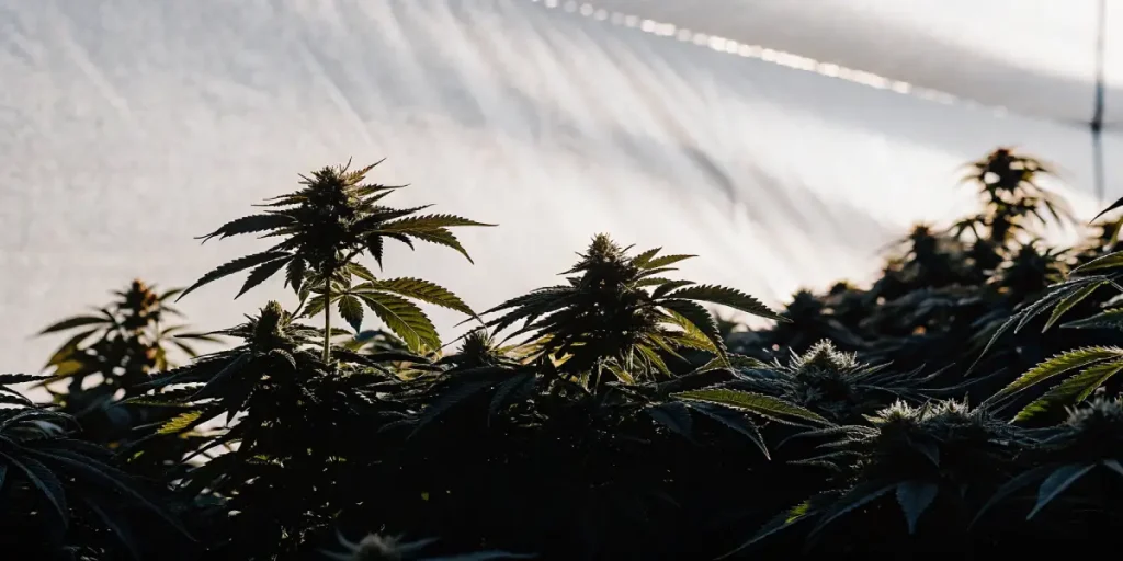 Autoflowering cannabis plants growing under sunlight inside a greenhouse tent.