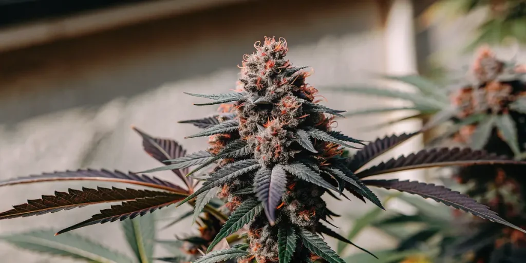 Close-up of a cannabis bud with purple leaves and orange hairs under natural light.