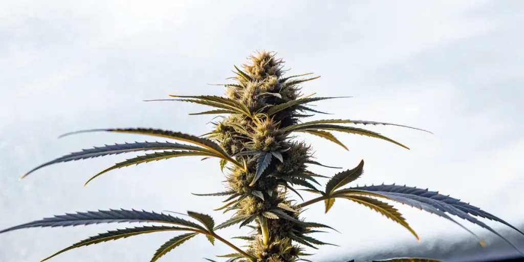Gros plan hyper réaliste d’un bourgeon de cannabis Black Cherry avec trichomes brillants.
