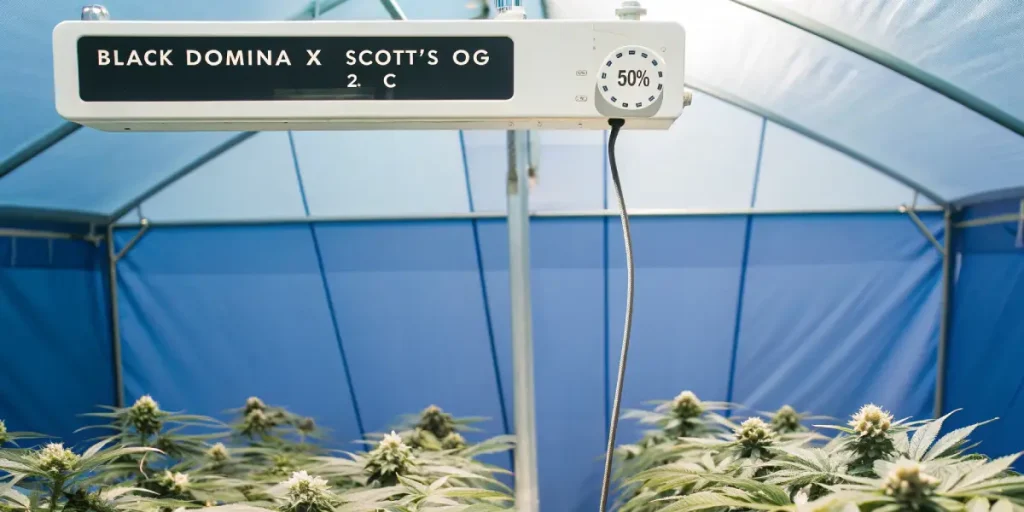 Black Domina x Scott’s OG cultivée en serre avec panneau numérique.