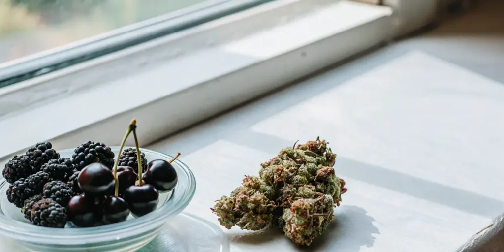 Blackberry Pie cannabis buds displayed next to fresh blackberries and cherries on a windowsill