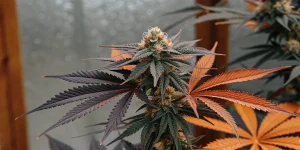 Plante de cannabis avec fleurs et feuilles violettes et orange.