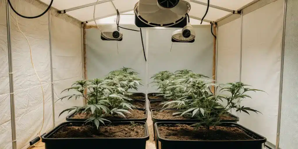 Cannabis grow tent with ventilation fans and healthy green plants