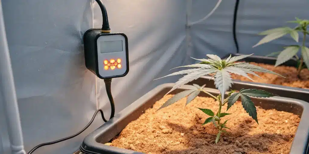 Cannabis seedling in soil container under a digital monitoring device inside an indoor grow setup.