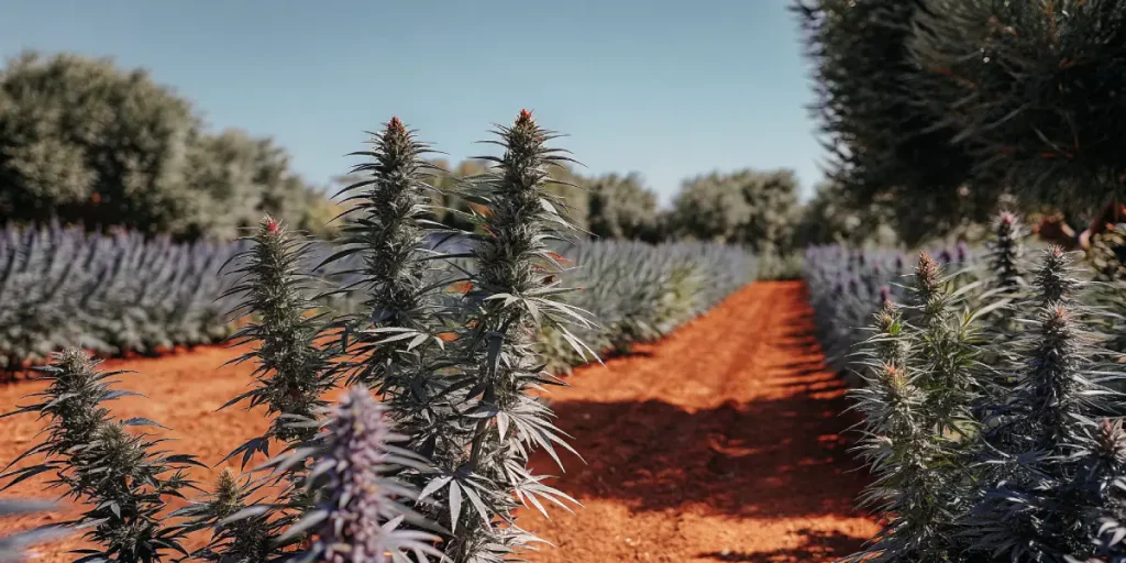 champ extérieur de Blue Colombian Rush cultivé sur une terre rouge sous un ciel ensoleillé.