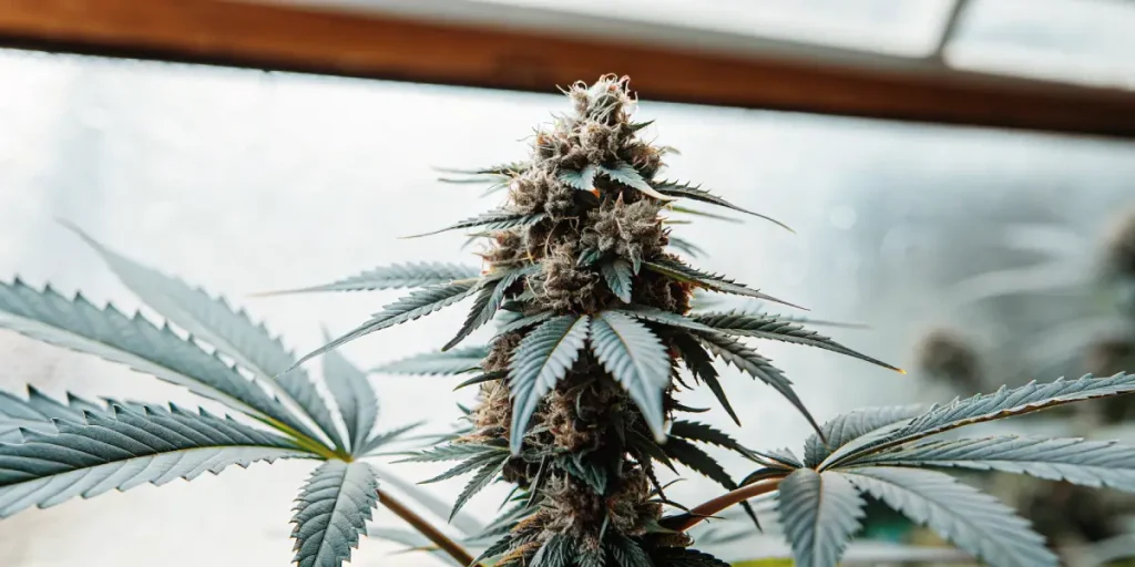 Close-up of cannabis bud with frosty trichomes inside indoor grow