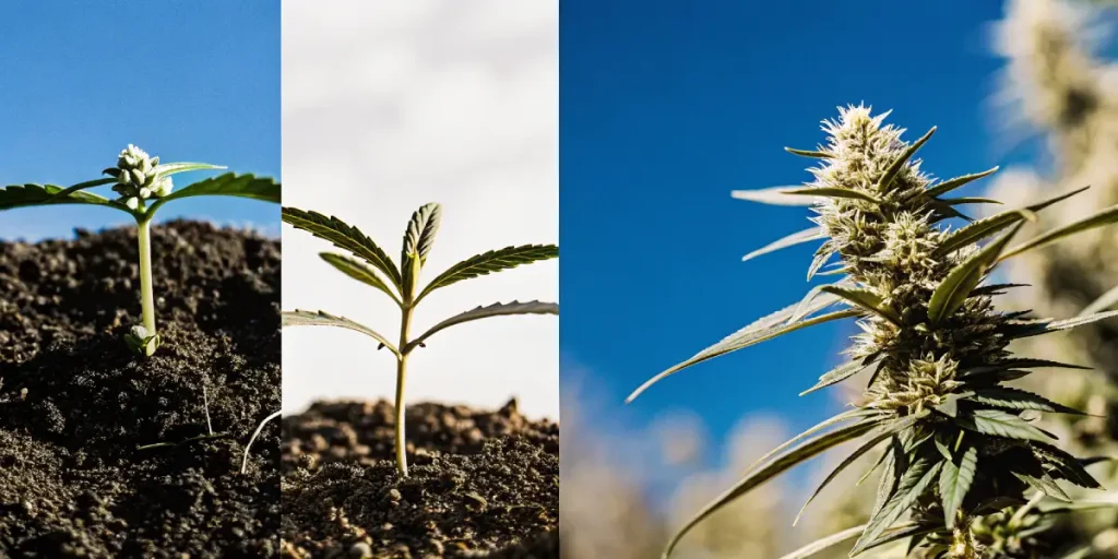 Montage montrant les stades de croissance du cannabis de la germination à la floraison sous ciel bleu.